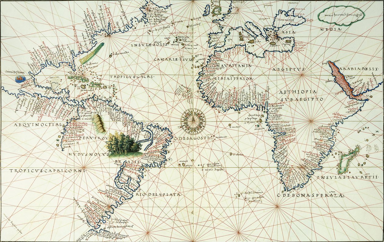 Eine doppelseitige Karte des Atlantischen Ozeans, die die Ostküste von Nord- und Südamerika zeigt, 1544 von Battista Agnese