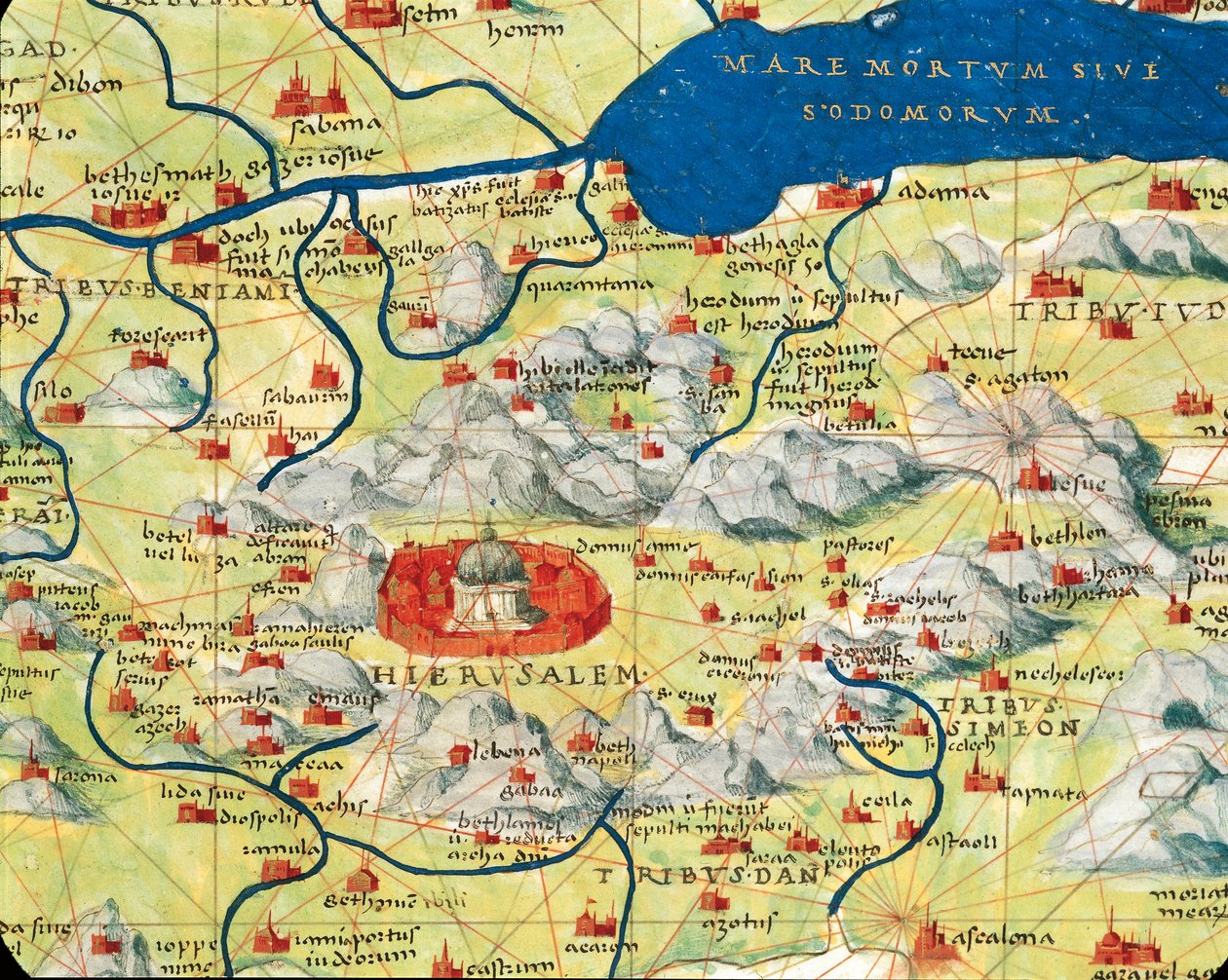 Heiliges Land, Israel und Palästina: Jerusalem und das Tote Meer, aus dem Atlas der Welt in dreiunddreißig Karten, von Battista Agnese von Battista Agnese