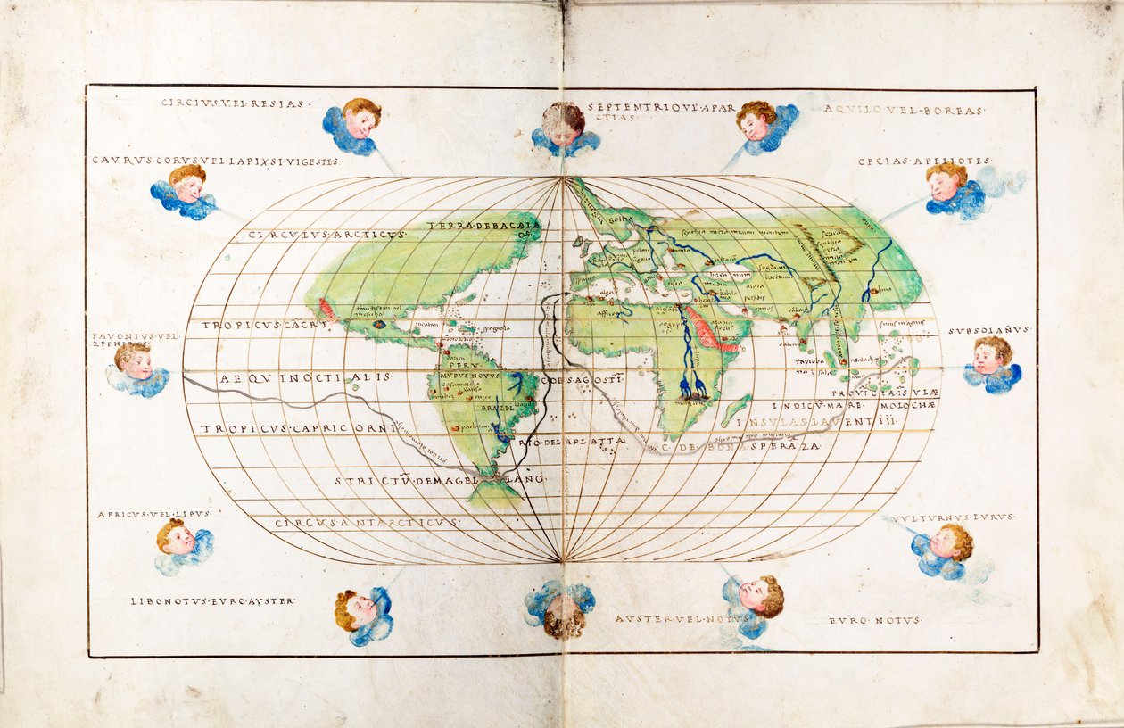 Ovaler Planisphäre der Welt, zeigt Magellans Route von Battista Agnese