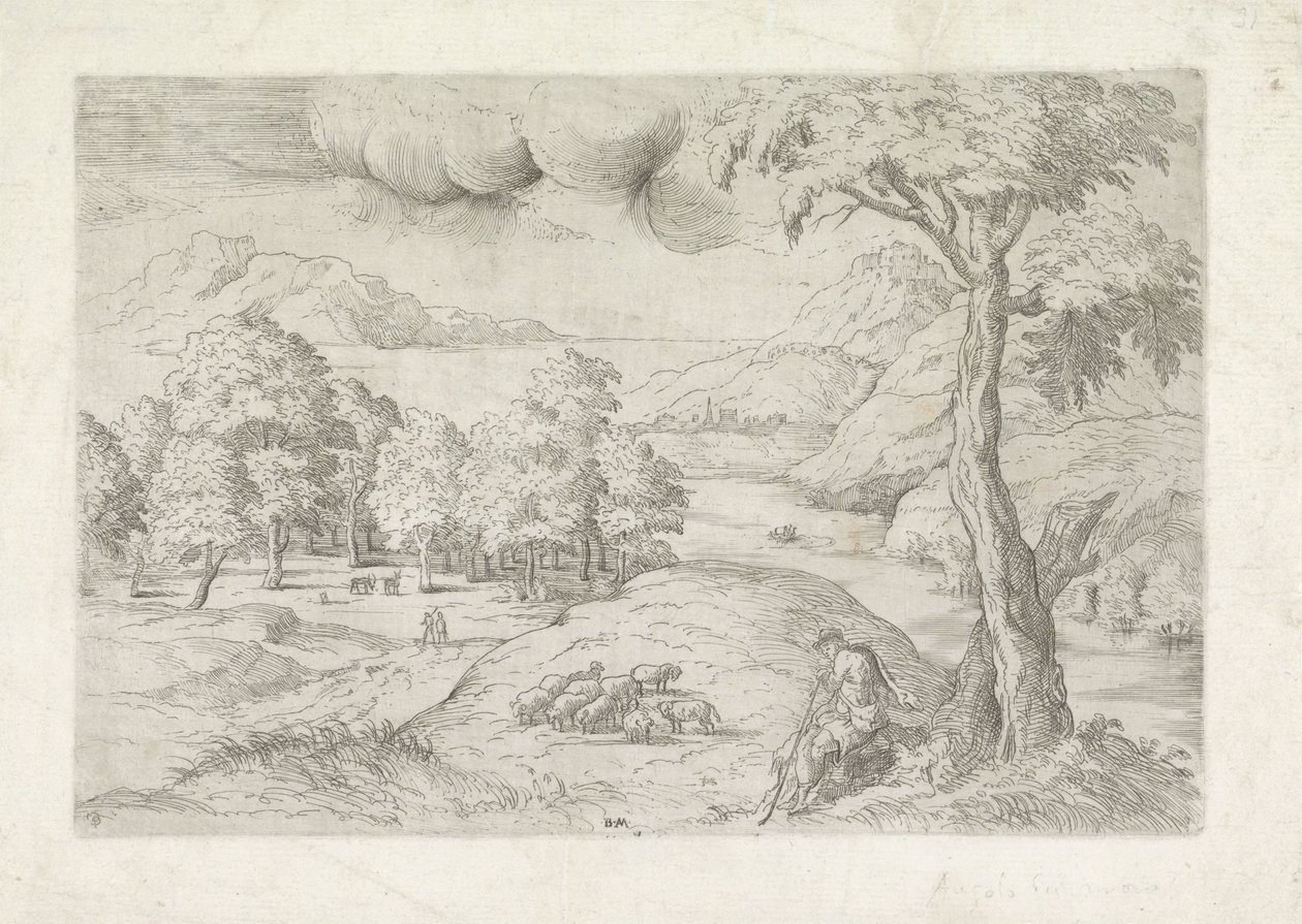 Panorama-Landschaft mit Ruinen, einer Stadt und Reisenden von Battista Angolo del Moro