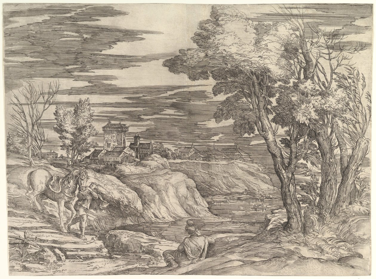 Landschaft mit einem Reiter und seinem Stallburschen, ca. 1552-61 von Battista Franco Veneziano