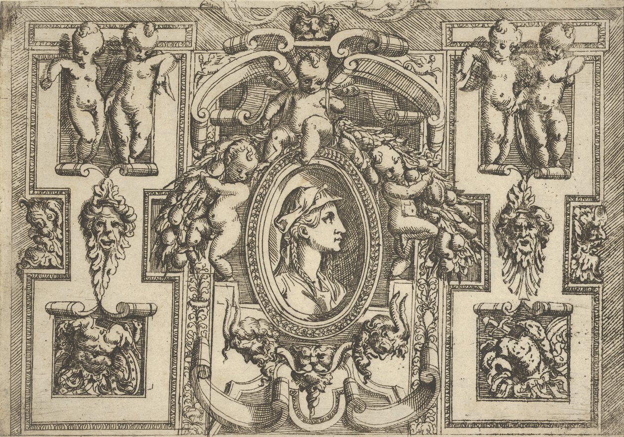 Büste einer Frau im Profil nach rechts, in einem aufwendigen Rahmen mit Putti, ca. 1540-80 von Battista del Moro