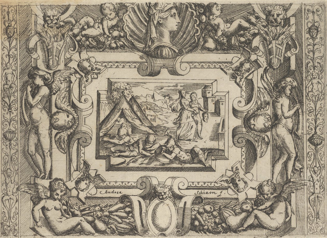 Judith und Dienerin mit dem Kopf des Holofernes, in einem aufwendigen Rahmen, ca. 1540-1580 von Battista del Moro