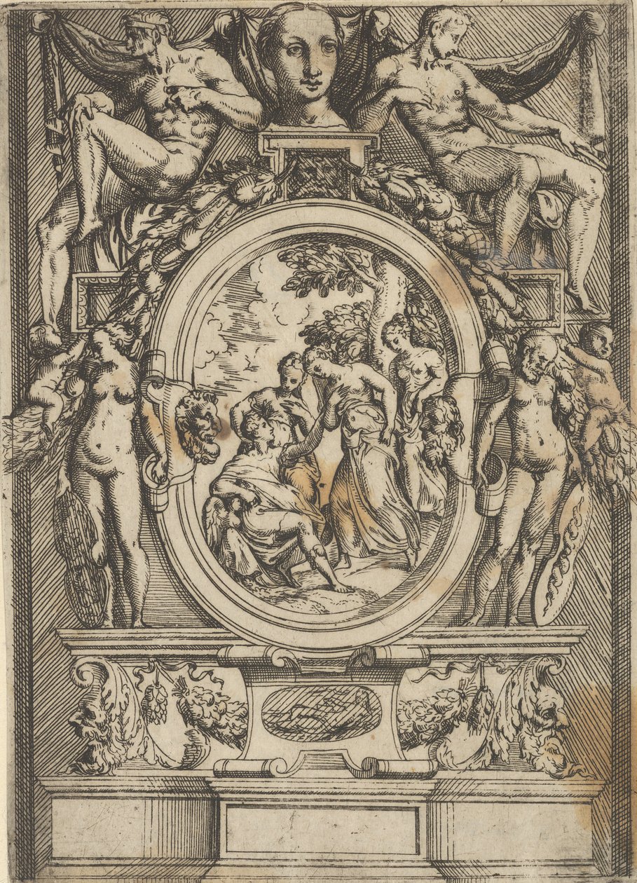 Das Urteil des Paris, ein Mann sitzt links und streckt die Hand zu einer Frau aus, die von ... flankiert wird, ca. 1540-80 von Battista del Moro