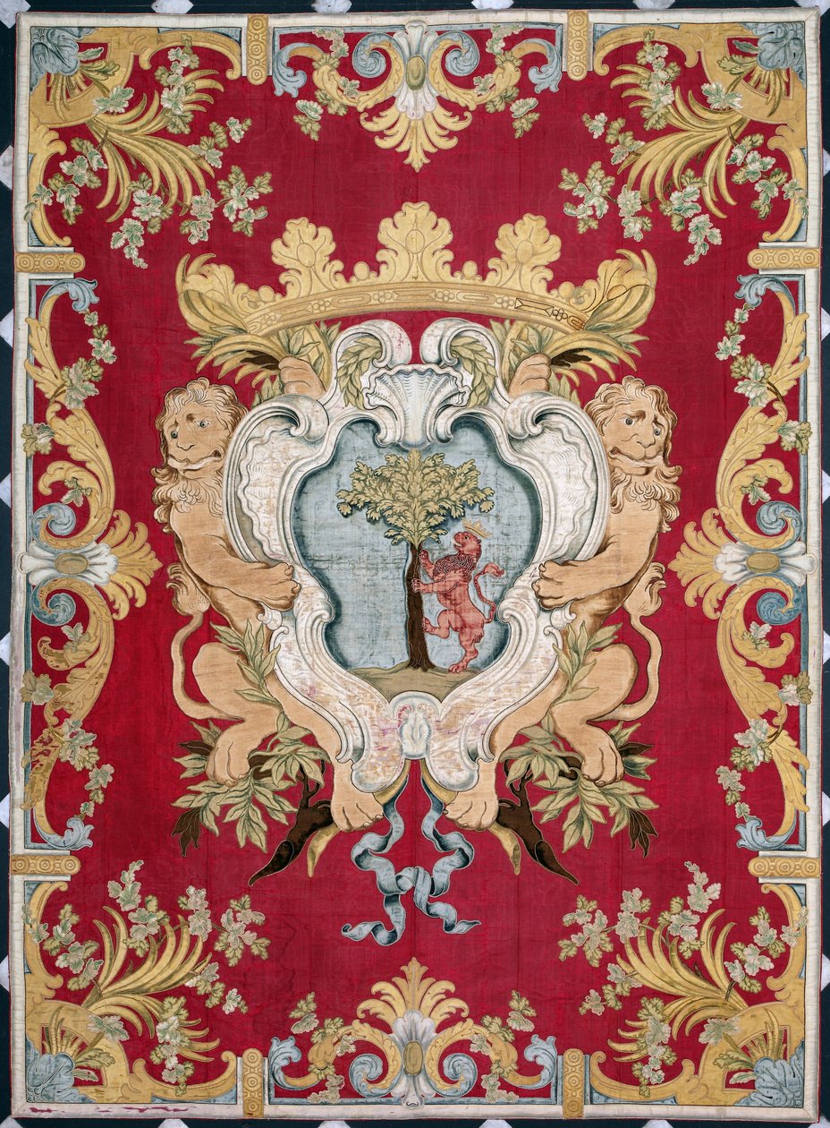 Wappen des Adels mit einem Löwen und einem Baum. Tapisserie der Manufakturen von Brüssel. 16. Jahrhundert Genua, Musei di Strada Nuova von Belgian School