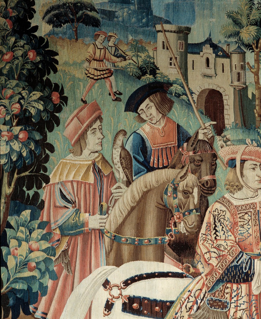 Mittelalter: Beginn der Falkenjagd zu Pferd. Detail eines Seiden- und Wollteppichs aus dem frühen 16. Jahrhundert. Aus Hainaut. Paris, Nationalmuseum des Mittelalters, Thermes de Cluny von Belgian School