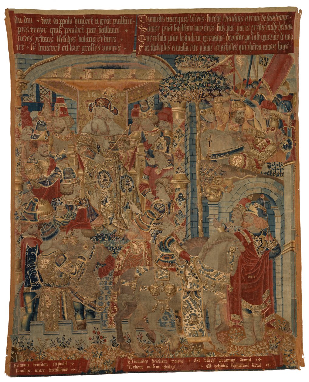 Wandteppich, Drei Szenen aus dem Trojanischen Krieg oder Odysseus und Diomedes als Botschafter am Hofe von König Priamos, Forderung der Rückkehr von Helena, hergestellt in Tournai von Belgian School