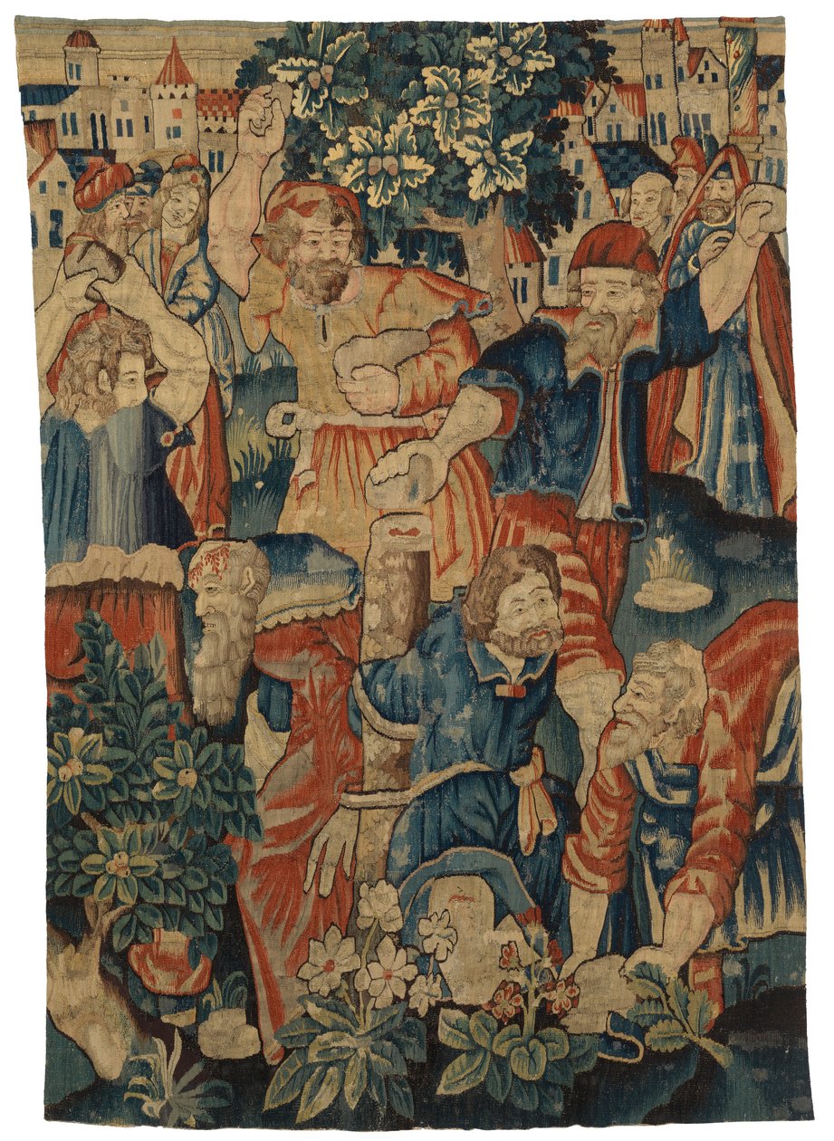 Wandteppichfragment, das die Steinigung der Ältesten darstellt, möglicherweise in Brüssel, Belgien hergestellt von Belgian School