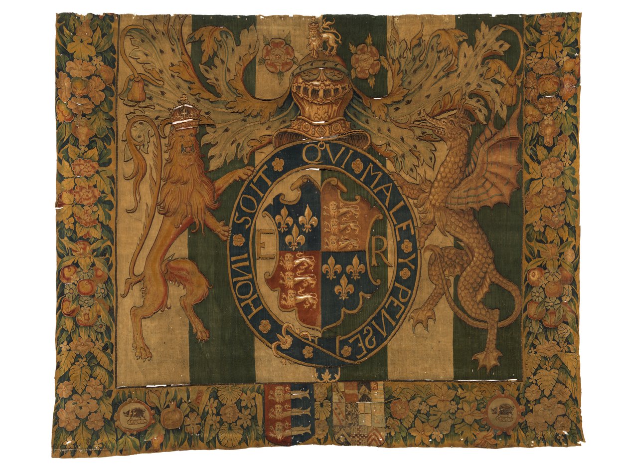 Wandteppich mit den königlichen Wappen von Edward VI und den Wappen von le Grys, wahrscheinlich in Enghien, Flandern, Belgien, ca. 1547-53 von Belgian School