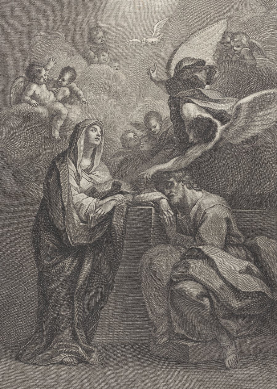 Tafel 6: Traum des heiligen Joseph, mit der Jungfrau Maria links und einem Engel oben, der zeigt von Benedetto Eredi