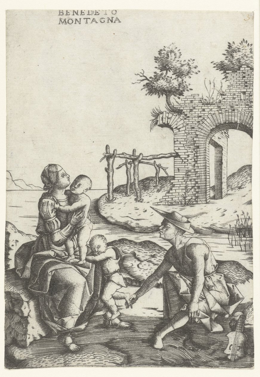 Familie sitzt am Wasserufer in der Nähe einer Ruine von Benedetto Montagna