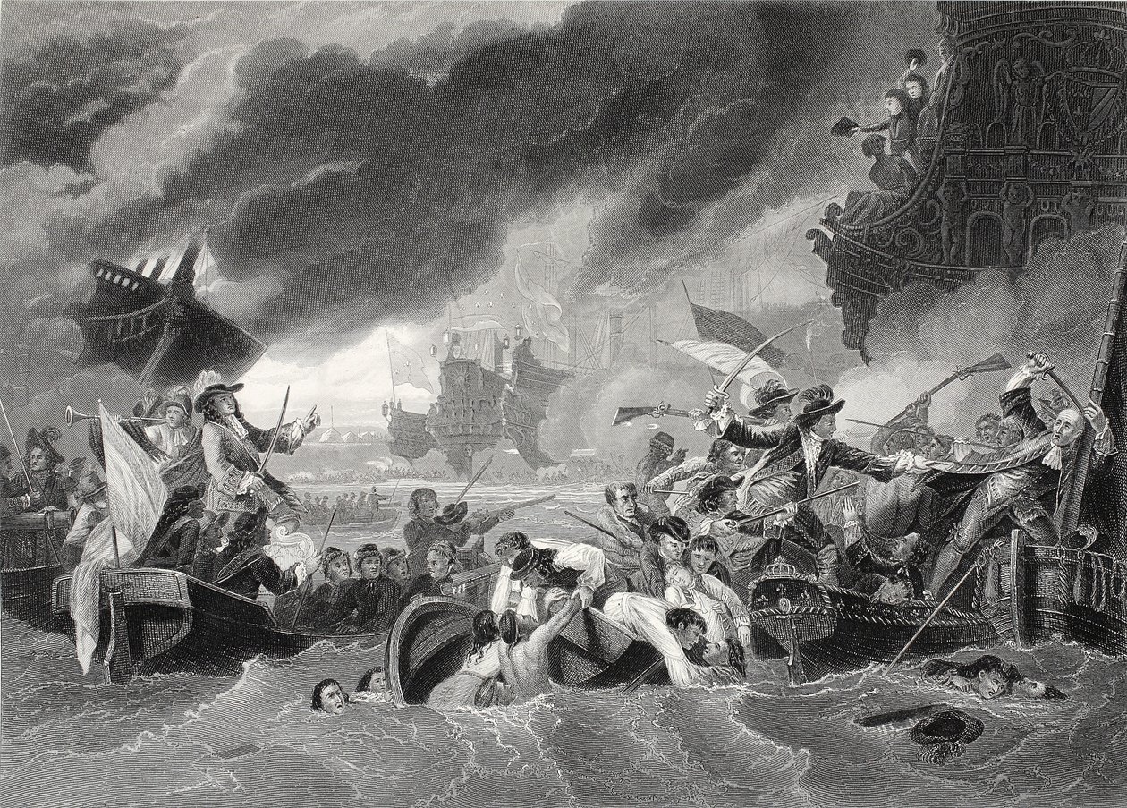 Schlacht von La Hogue, graviert von W. French von Benjamin (after) West