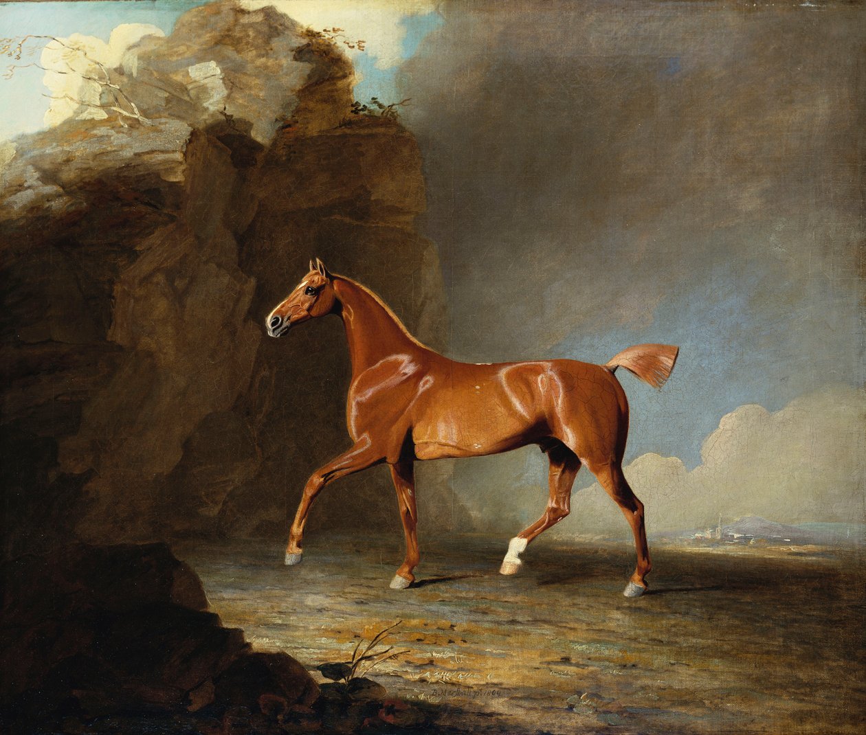 Ein goldbraunes Rennpferd bei einer Felsformation, 1800 von Benjamin Marshall