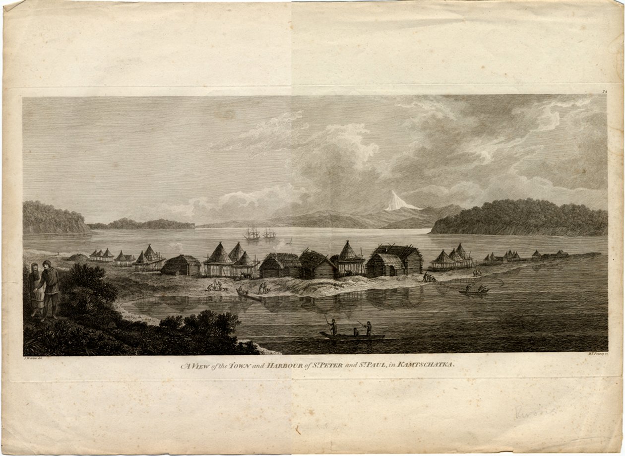 Ansicht der Stadt und des Hafens von Petropawlowsk-Kamtschatski aus der Reise zum Pazifischen Ozean von Benjamin Thomas Pouncey