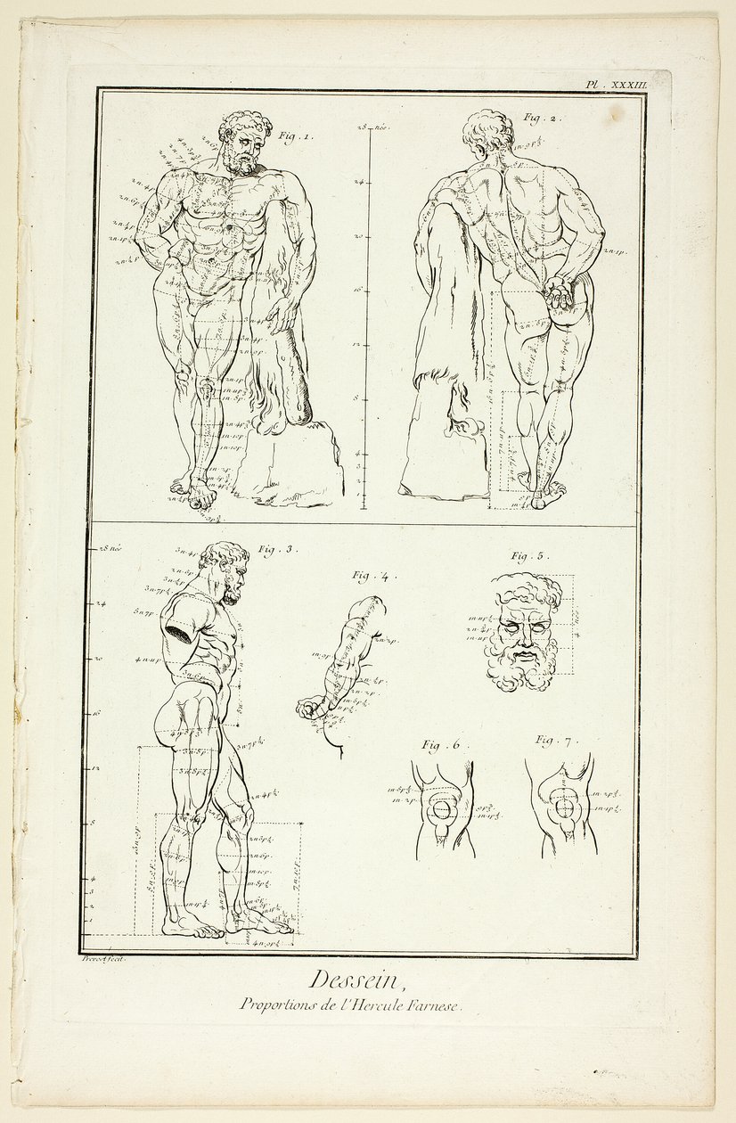 Entwurf: Proportionen des Farnese-Herkules, aus der Encyclopédie von Benoit Louis Prevost