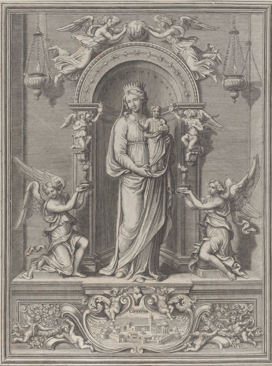 Madonna von Loreto, in einer Nische mit einem Engel auf jeder Seite von Benoît Farjat