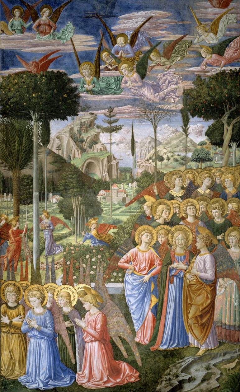 Engel in einer himmlischen Landschaft, die rechte Wand der Apsis, aus dem Zyklus der Reise der Heiligen Drei Könige in der Kapelle, ca. 1460 von Benozzo di Lese di Sandro Gozzoli