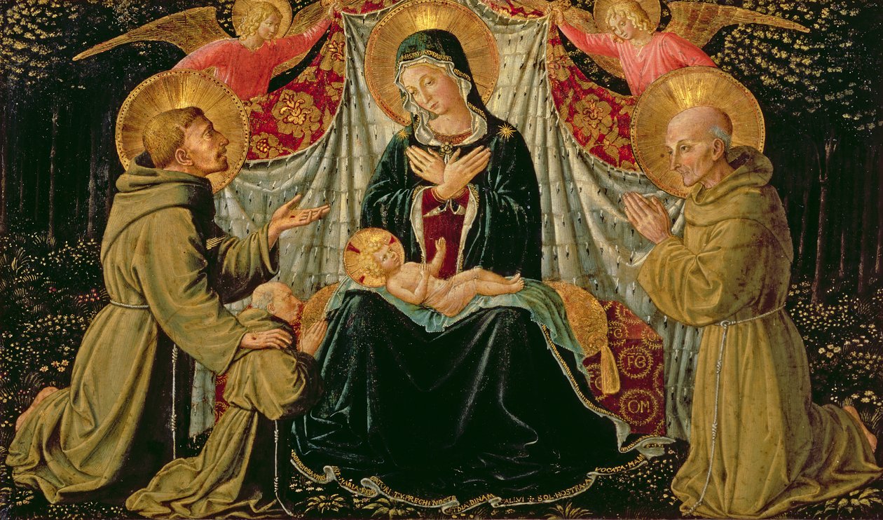 Madonna mit Kind mit St. Franziskus und dem Stifter Fra Jacopo da Montefalco (links) und St. Bernardino von Siena (rechts), ca. 1452 (Tafel) von Benozzo di Lese di Sandro Gozzoli
