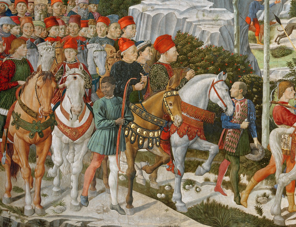 Galeazzo Maria Sforza, Herzog von Mailand (1444-76), ganz links, auf einem braunen Pferd und Sigismondo Pandolfo Malatesta, Herrscher von Rimini (1417-68) neben ihm auf einem grauen Pferd, (Detail) von Benozzo di Lese di Sandro Gozzoli
