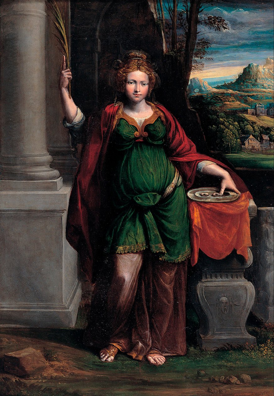 Heilige Lucia (von Syrakus) hält ein Tablett mit zwei Augen - Benvenuto Tisi da Garofalo, Öl auf Holz von Benvenuto Tisi da Garofalo