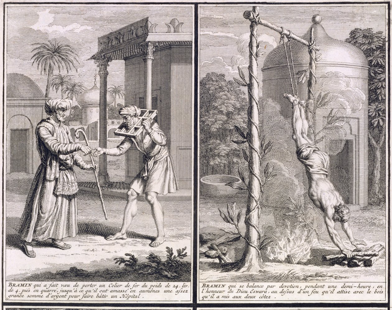 Ein Brahmane, der ein Eisenhalsband trägt, um Geld für ein Krankenhaus zu sammeln, und ein Brahmane, der in Hingabe über einem Feuer hängt, Illustrationen aus 