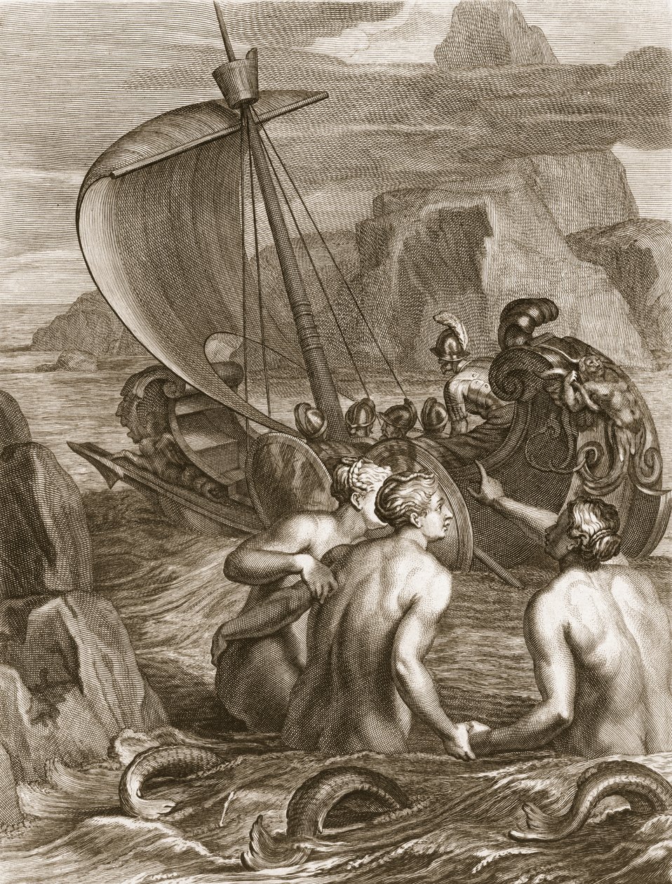Odysseus und seine Gefährten entkommen den Reizen der Sirenen, 1731 von Bernard Picart