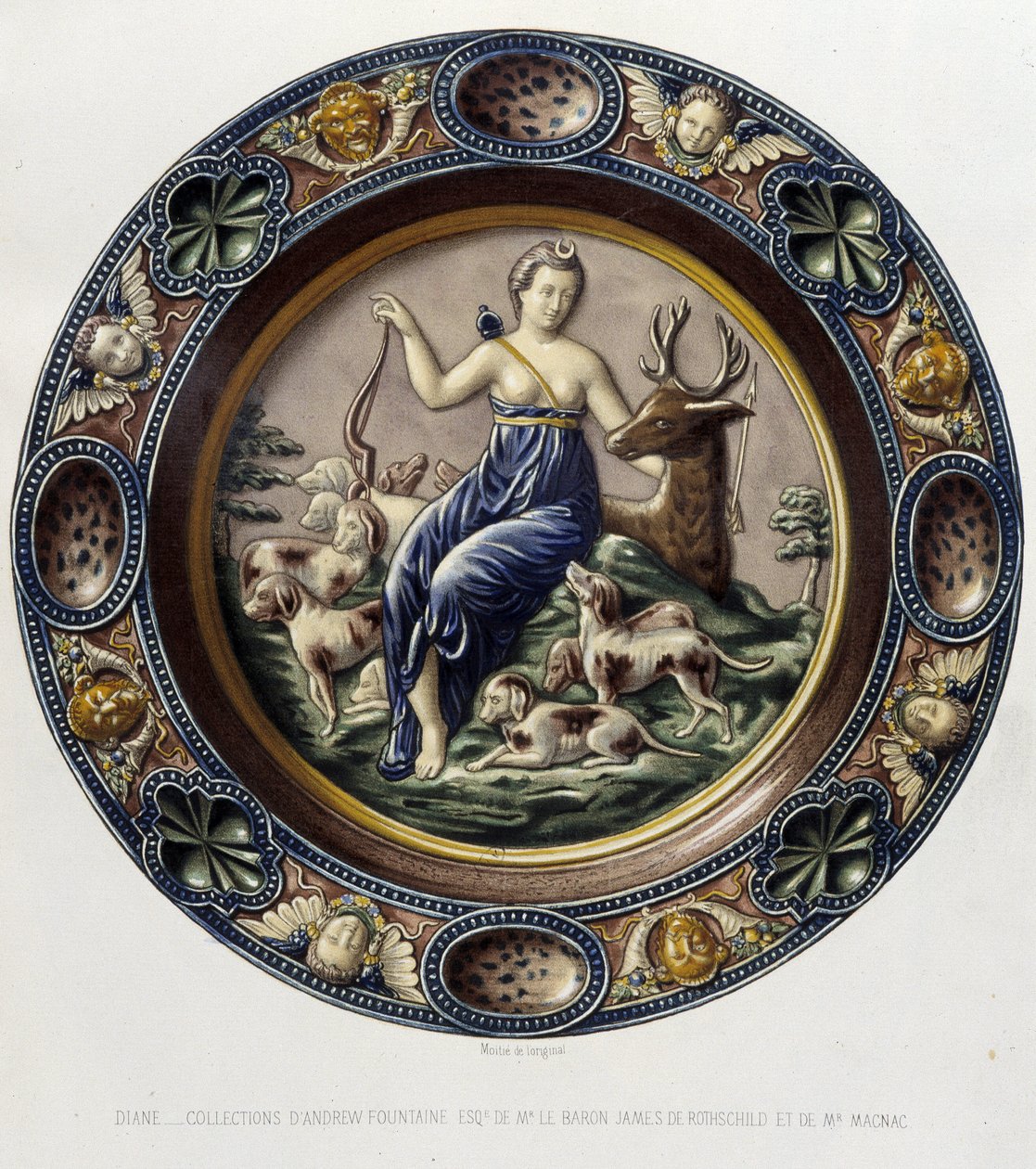 Diana (Artemis) die Jägerin - Keramikplatte, in „The work of Bernard Palissy“ von C. Delange und C. Borneman, Paris von Bernard (after) Palissy