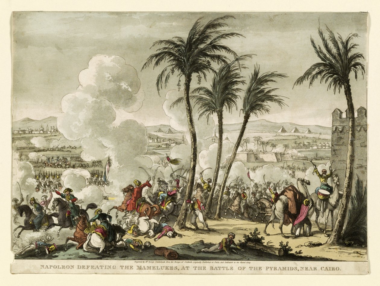 Napoleon besiegt die Mameluken in der Schlacht bei den Pyramiden, nahe Kairo, graviert von George Cruikshank, 1823 von Bernard Edouard Swebach