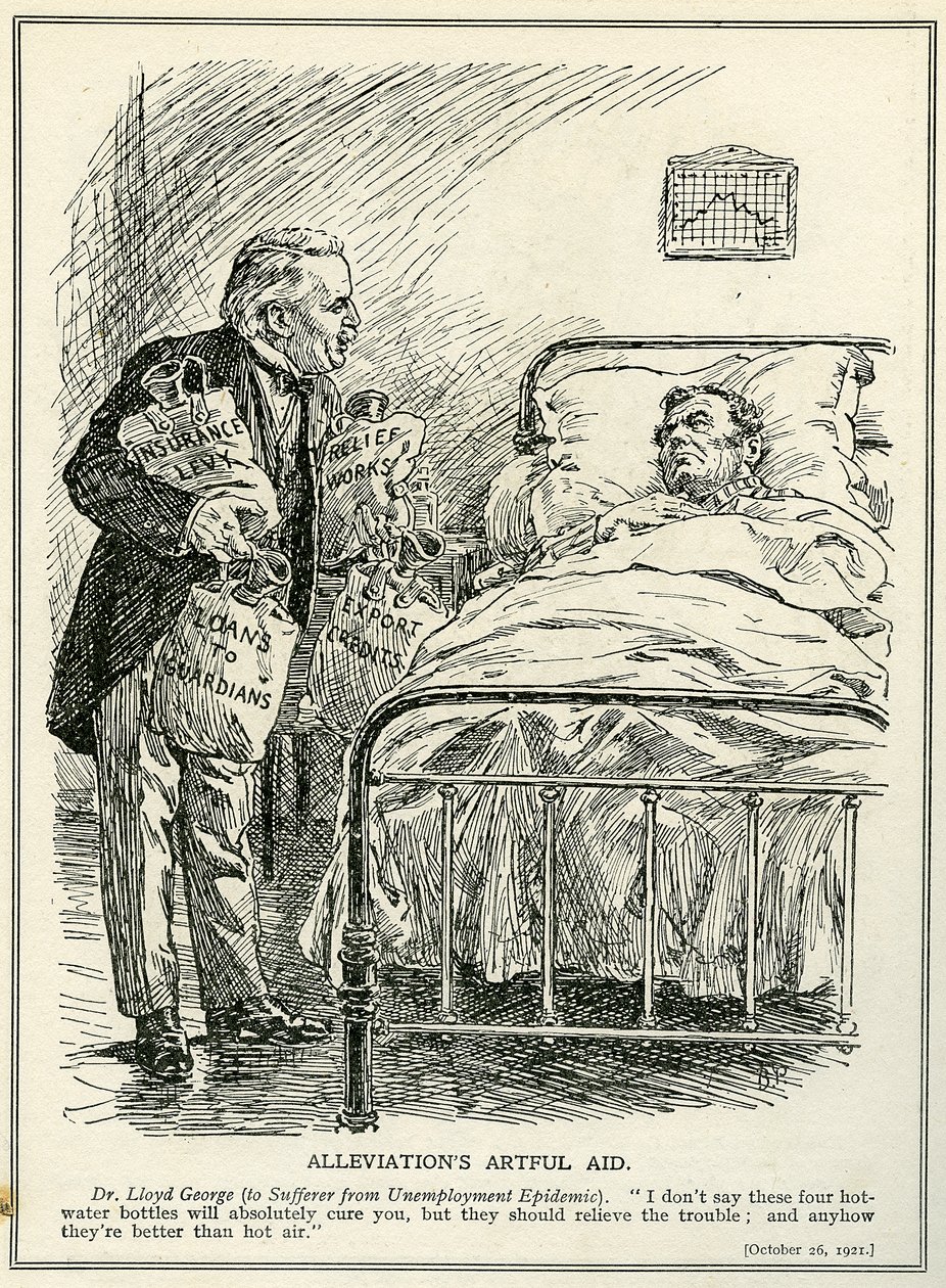 Dr. Lloyd George schlägt vor, den Arbeitslosen mit vier Wärmflaschen zu heilen: 