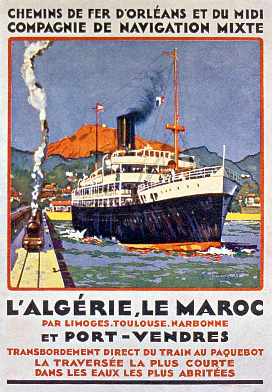 Werbeplakat für die französische Eisenbahn nach Algerien und Marokko über Limoges Toulouse Narbonne und Port Vendres um 1900 von Bernard Lachevre