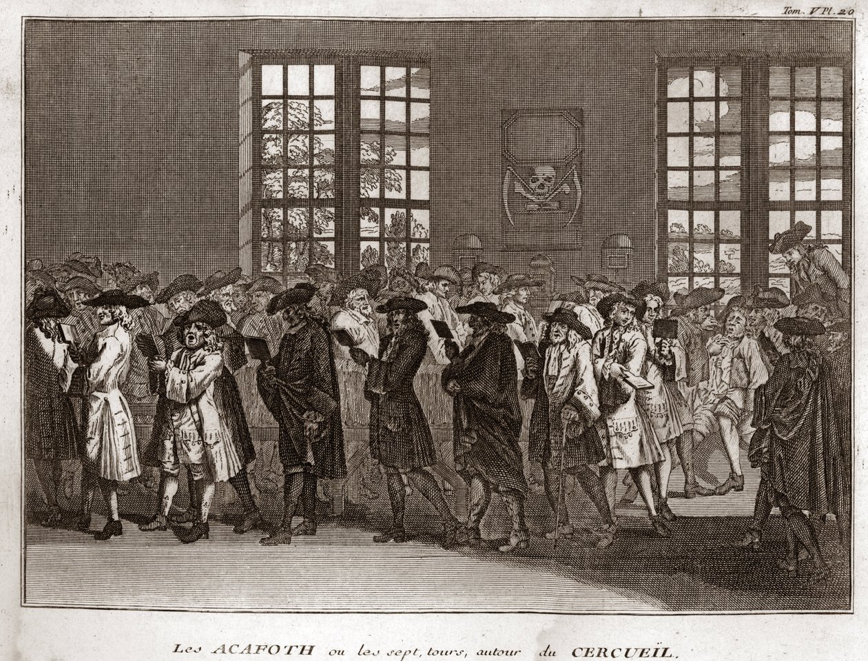 Eine Versammlung jüdischer Trauernder, die die „Acafoth“ bei einer Beerdigung durchführen Gravur aus „Illustration de cérémonies et coutumes religieuses de tous les peuples du monde“ von Bernard Picart (1723-1743) 1819 Privatsammlung von Bernard Picart
