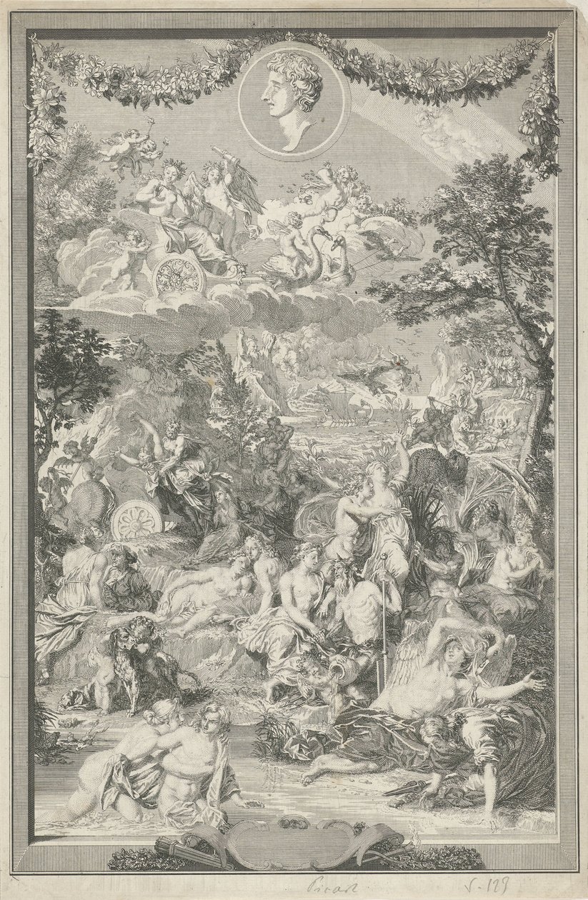 Allegorische Titelseite mit verschiedenen Szenen aus den Metamorphosen von Ovid und dessen Porträt von Bernard Picart