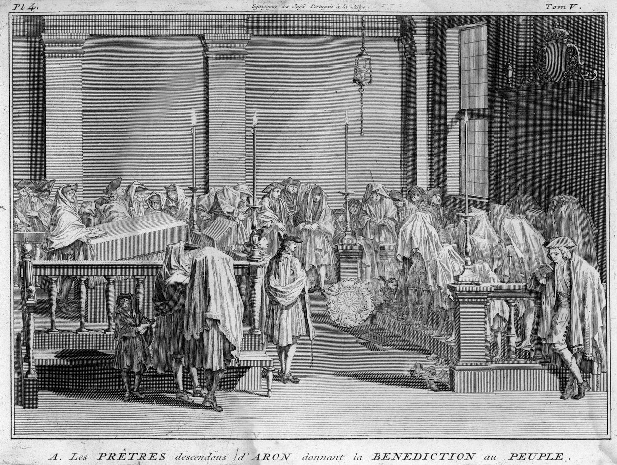 Hohepriester Israels, die zu den jüdischen Priesterfamilien gehören, die ihre väterliche Linie auf Aaron zurückführen, geben dem jüdischen Volk ihren Segen. Gravur aus 