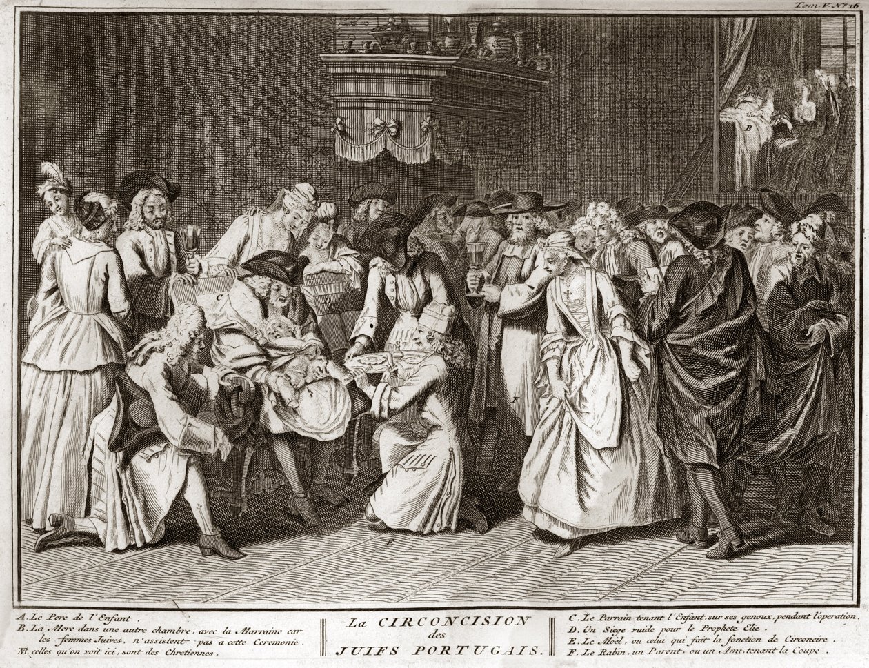 Judentum: Beschneidungszeremonie in der jüdisch-portugiesischen Gemeinde) Gravur aus "Illustration religiöser Zeremonien und Bräuche aller Völker der Welt" von Bernard Picart (1723-1743) von Bernard Picart