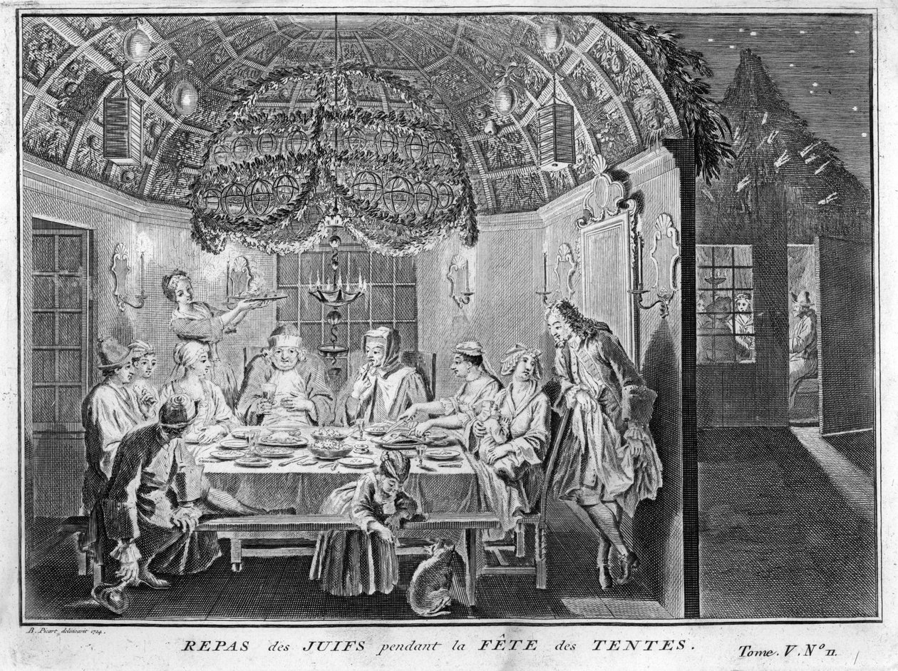 Judentum: Mahlzeit für das jüdische Volk während des Sukkotfestes) Gravur aus "Illustration religiöser Zeremonien und Bräuche aller Völker der Welt" von Bernard Picart (1723-1743) von Bernard Picart