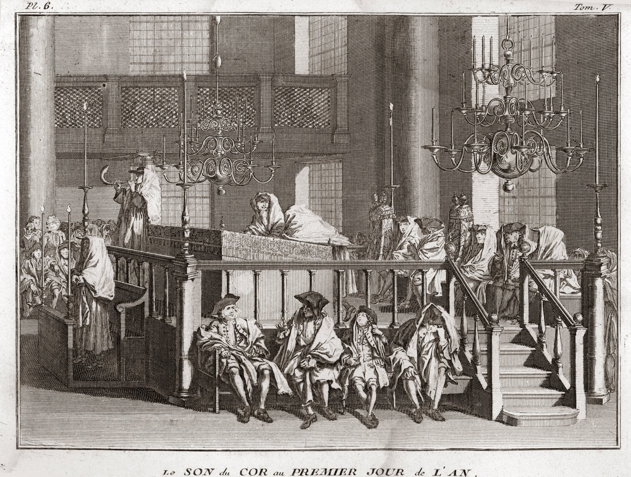 Judentum: der Klang des Horns am ersten Tag des Jahres (Klang des Schofars an Rosch ha-Schana) (Jüdisches Neujahrsfest: Blasen des Schofarhorns an Rosch Haschana) Gravur aus „Illustration religiöser Zeremonien und Bräuche aller Völker“ von Bernard Picart