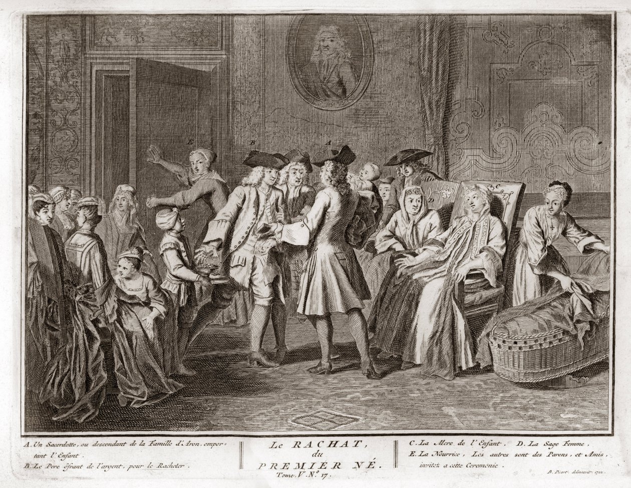 Judentum: die Tradition der Erlösung des erstgeborenen Sohnes, eine Mitzwa im Judentum, bei der ein jüdischer Erstgeborener durch Silbermünzen aus seinem Geburtszustand der Heiligkeit erlöst wird) Gravur aus "Illustration der Zeremonien und religiösen Bräu von Bernard Picart