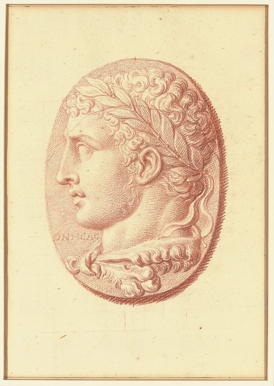 Eines von vier Studien nach Kameen, drei mit klassischen Profilporträts und eines mit einem fragmentarischen Relief von Amor und zwei Löwen, die einen Wagen ziehen von Bernard Picart