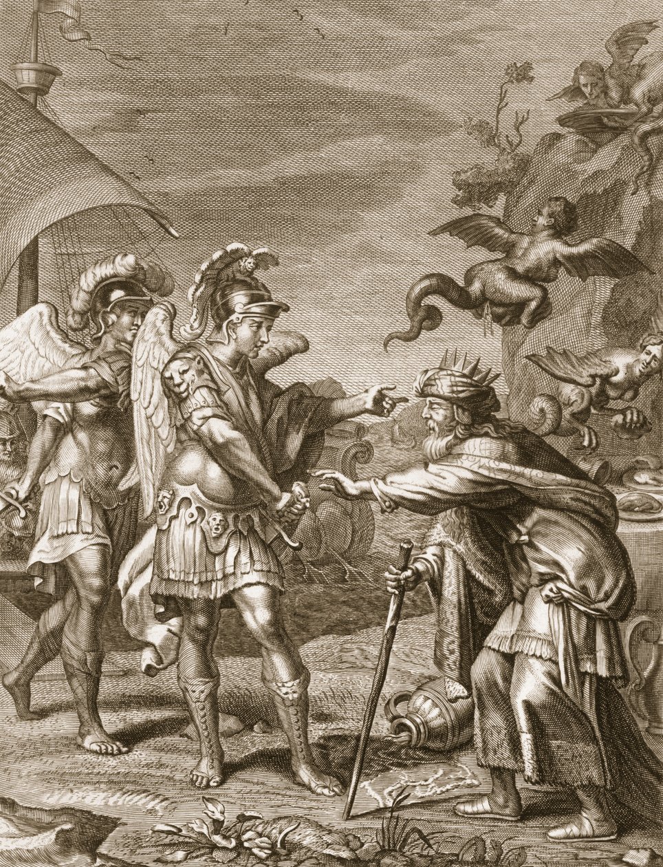 Phineus wird von den Harpyien durch Kalais und Zetes befreit, 1731 von Bernard Picart