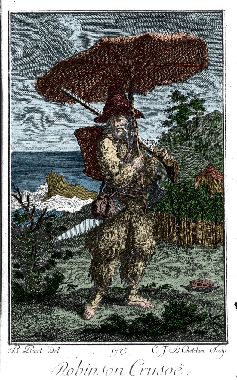 Darstellung von Robinson Crusoe auf seiner einsamen Insel. Gravur von Bernard Picart zur Illustration des Romans von Daniel Defoe von Bernard Picart