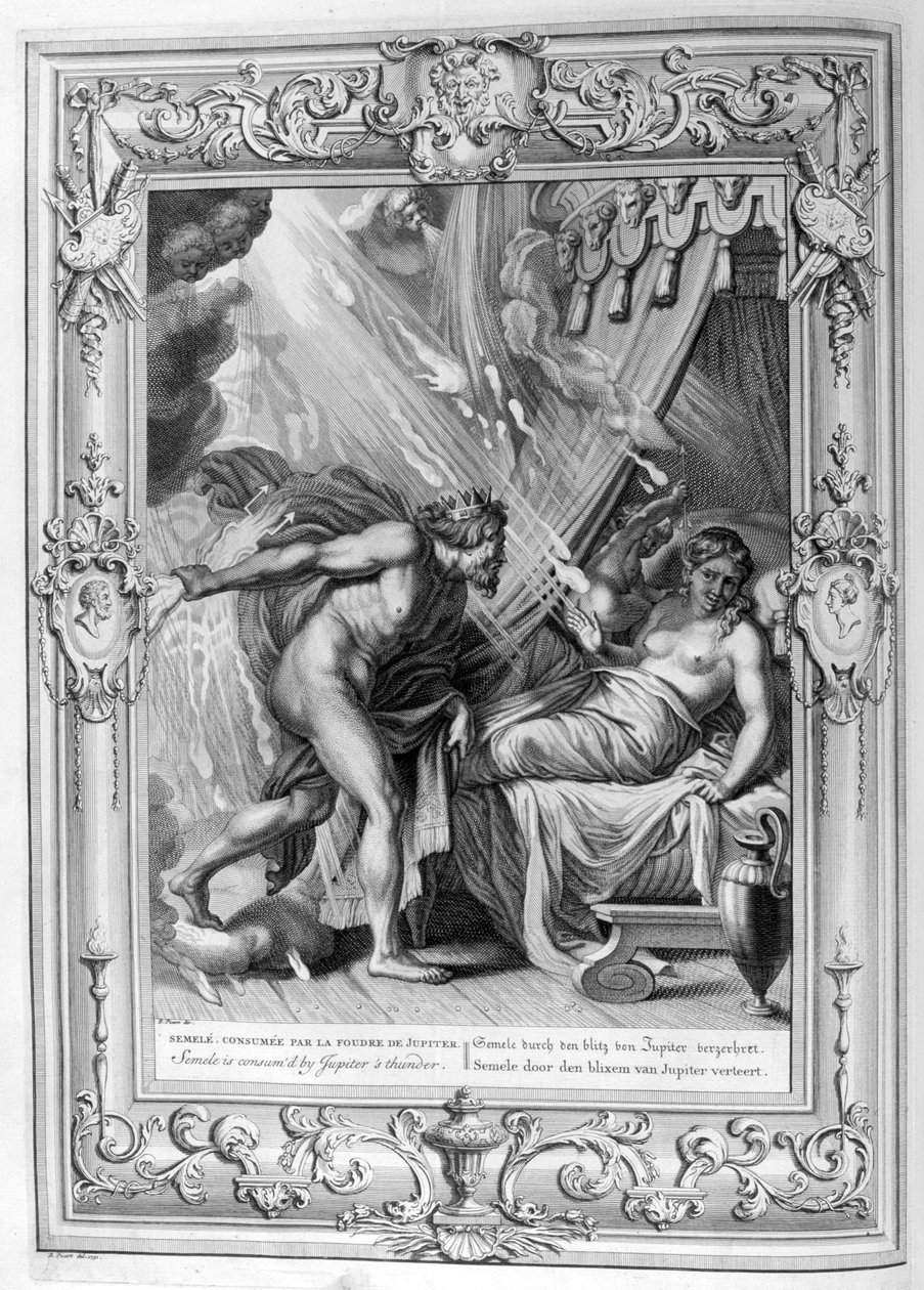 Semele wird vom Feuer des Zeus verzehrt (Gravur) von Bernard Picart