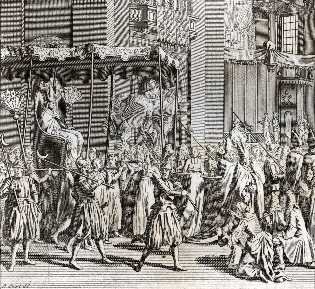 Feierliche Inauguration des Pontifikats: das Verbrennen eines Tuchs) Gravur aus „Illustration de cérémonies et coutumes religieuses de tous les peuples du monde“ von Bernard Picart (1723-1743) 1819 Privatsammlung von Bernard Picart