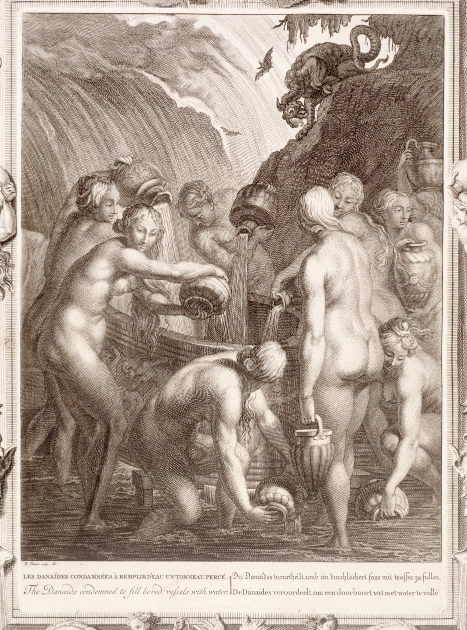 Die Danaiden, verurteilt, durchlöcherte Gefäße mit Wasser zu füllen, 1730 von Bernard Picart