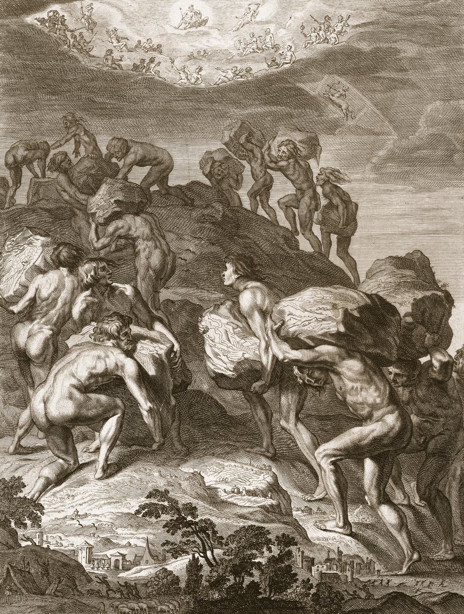 Die Riesen versuchen, den Himmel zu erklimmen, indem sie Berge aufeinander stapeln, 1731 von Bernard Picart