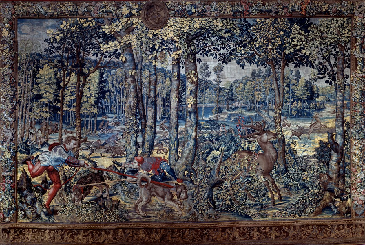 Die schönen Jagden von Guise: August, die Jungfrau, die Hirschjagd, die Brutstätten - Wandteppich von Bernard van Orley von Bernard van (after) Orley