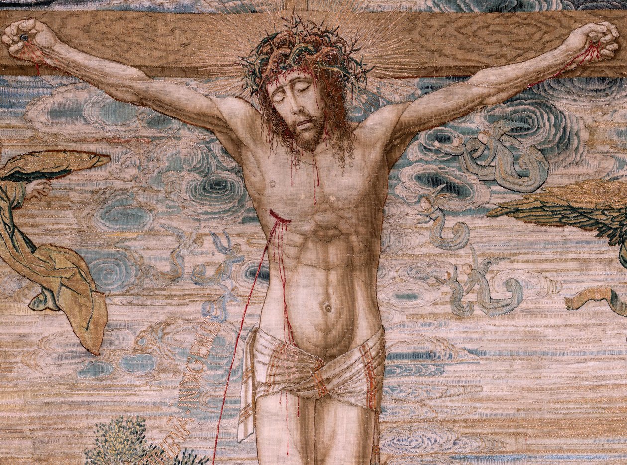 Flämischer Wandteppich. Serie Baldachin von Karl V. Christus der Barmherzige. Wandteppich hinter dem Baldachin. Modell Bernard van Orley (1491-1542). Herstellung Pieter de Pannemaker, Brüssel. 1518-1524. Stoff G von Bernard van Orley
