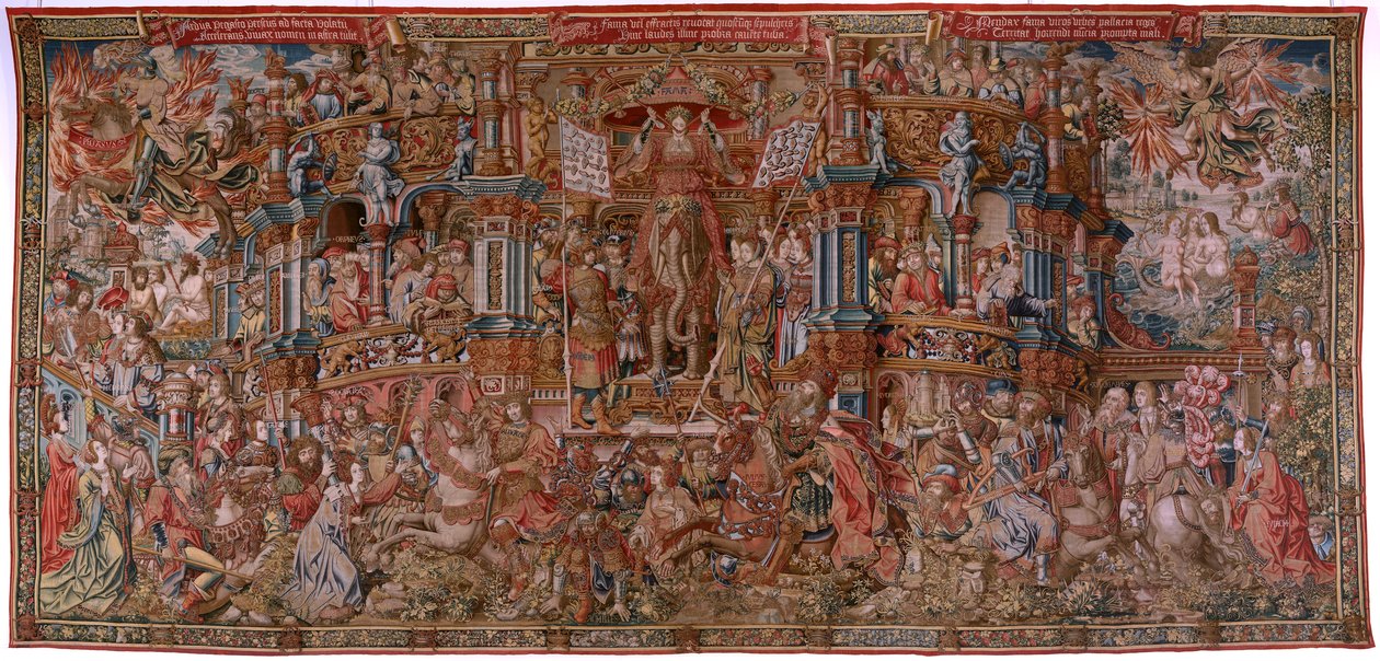 Flämischer Wandteppich. Serie Die Ehren. Ruhm (La Fama). Dritter Wandteppich in der Serie. Modell Zeichner aus dem Kreis von Bernard van Orley und Jan Gossaert (Mabuse). Herstellung Pieter van Aelst, Brüssel. Ca 1550. Stoff Gold, Silber, Seide und Wolle. von Bernard van Orley