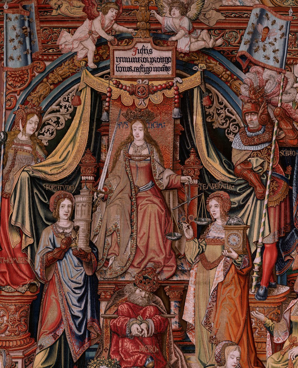 Flämischer Wandteppich. Serie Die Ehren. Gerechtigkeit (La Justicia, Los Honores). Neunter Wandteppich der Serie. Modell Zeichner aus dem Kreis von Bernard van Orley und Jan Gossaert (Mabuse). Herstellung Pieter van Aelst, Brüssel. Ca 1550. Stoff Gold, Sil von Bernard van Orley