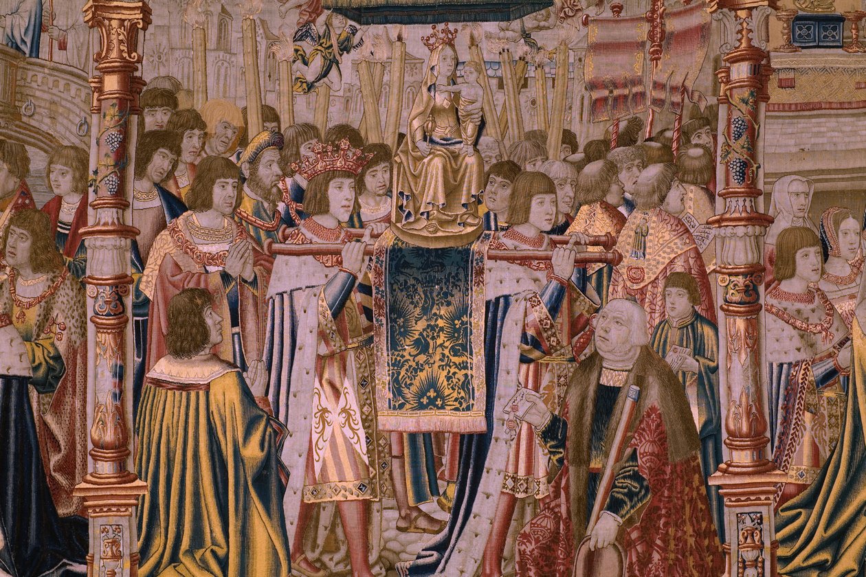 Flämischer Wandteppich. Serie Die Legende der Madonna von Sablon. Die Ankunft der Statue der Madonna. Herstellung Brüssel. Zeichner Barend van Orley. von Bernard van Orley