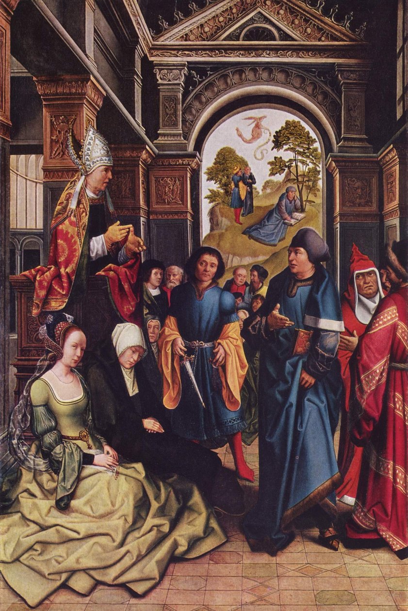 Predigt des Hl. Ambrosius draußen: Zwei stehende heilige Bischöfe von Bernard van Orley